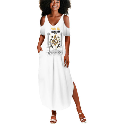 Personalized Prince Hall Freemasonry Summer Maxi Dress Masonic Square And Compass Vintage Gold Pillar Illustration