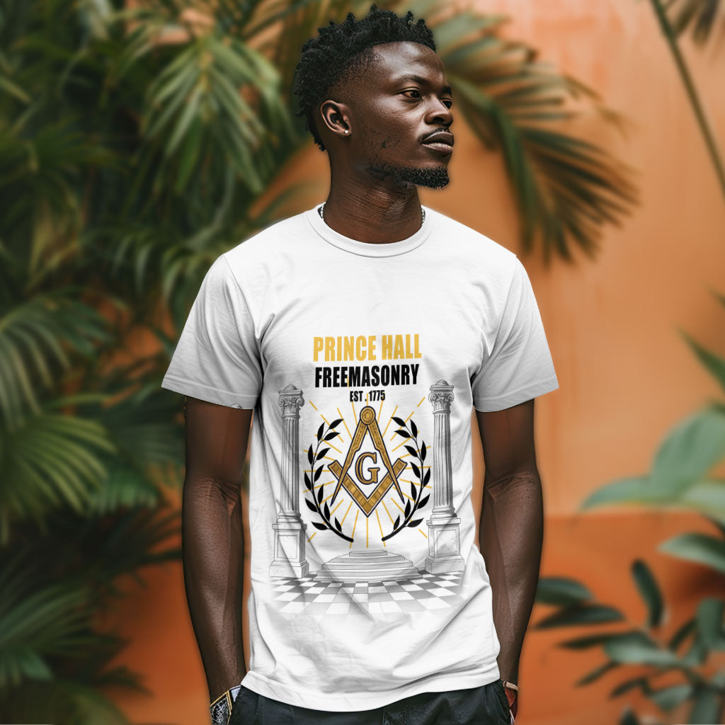 Personalized Prince Hall Freemasonry T shirt Masonic Square And Compass Vintage Gold Pillar Illustration