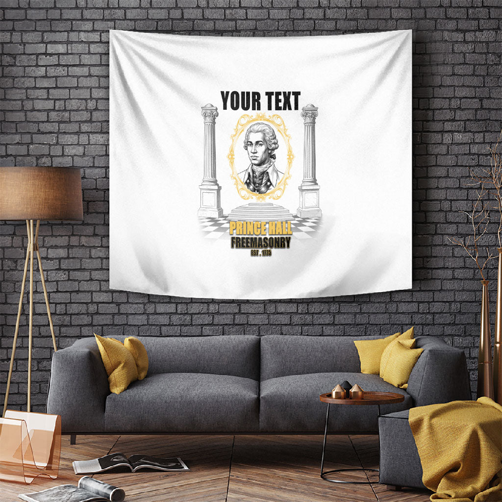 Personalized Prince Hall Freemasonry Tapestry Masonic Square And Compass Vintage Gold Pillar Illustration