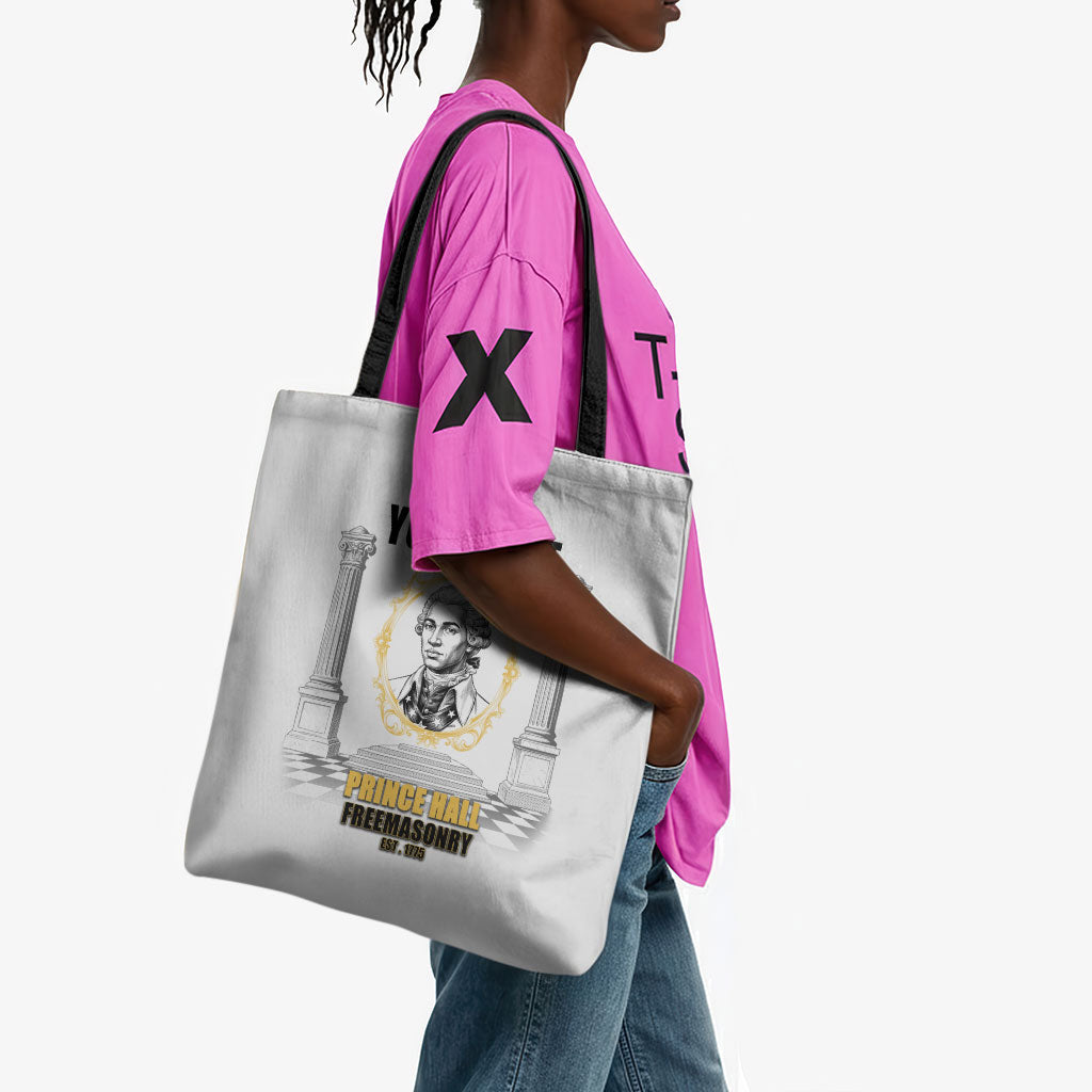 Personalized Prince Hall Freemasonry Tote Bag Masonic Square And Compass Vintage Gold Pillar Illustration