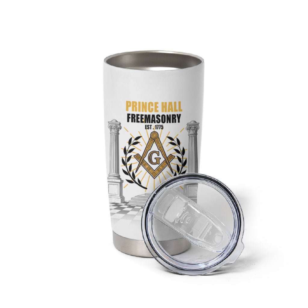 Personalized Prince Hall Freemasonry Tumbler Cup Masonic Square And Compass Vintage Gold Pillar Illustration