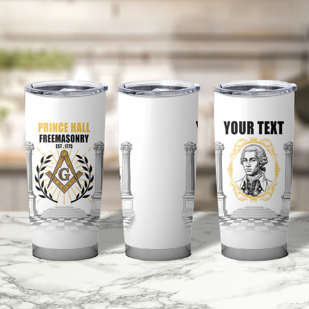 Personalized Prince Hall Freemasonry Tumbler Cup Masonic Square And Compass Vintage Gold Pillar Illustration