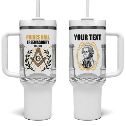 Personalized Prince Hall Freemasonry Tumbler With Handle Masonic Square And Compass Vintage Gold Pillar Illustration