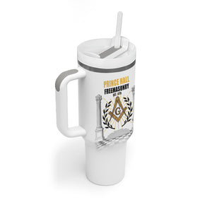 Personalized Prince Hall Freemasonry Tumbler With Handle Masonic Square And Compass Vintage Gold Pillar Illustration