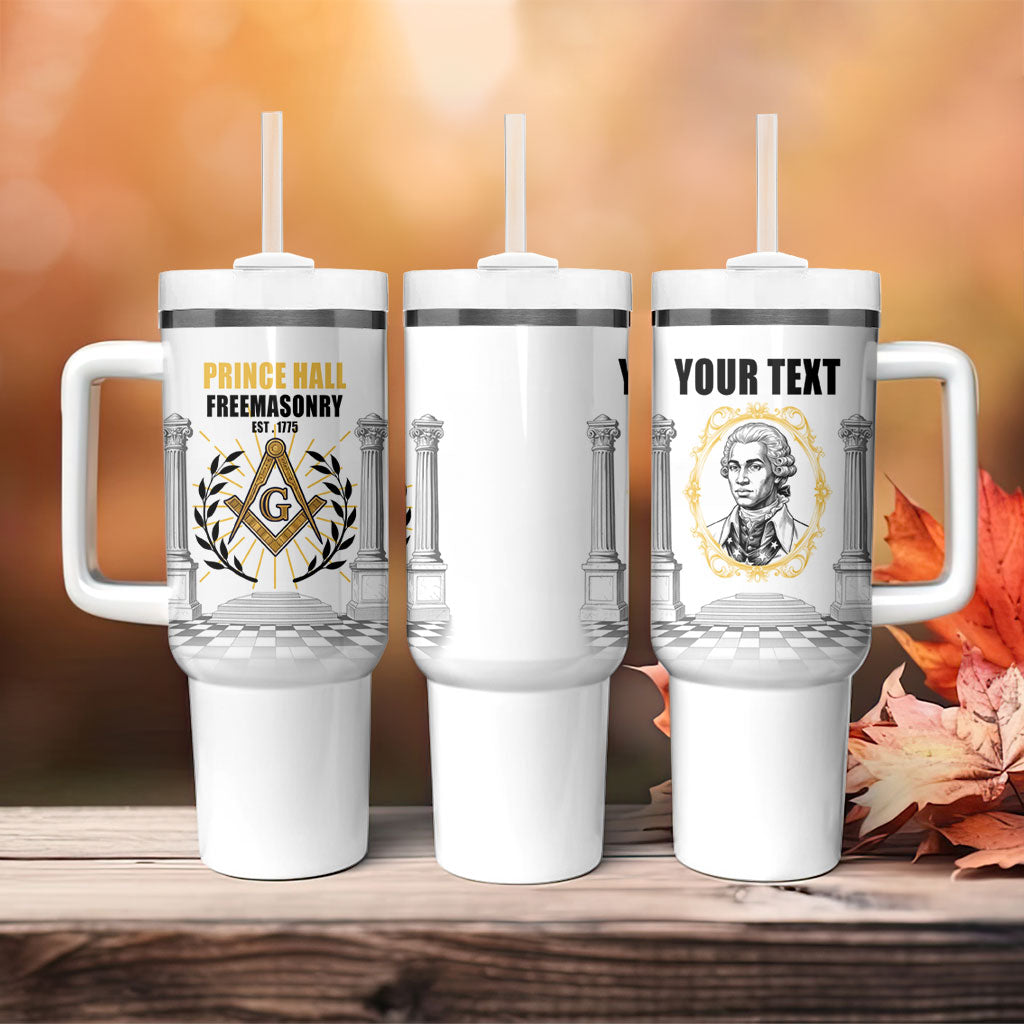 Personalized Prince Hall Freemasonry Tumbler With Handle Masonic Square And Compass Vintage Gold Pillar Illustration