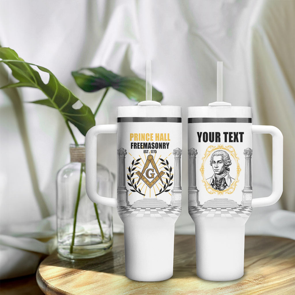 Personalized Prince Hall Freemasonry Tumbler With Handle Masonic Square And Compass Vintage Gold Pillar Illustration