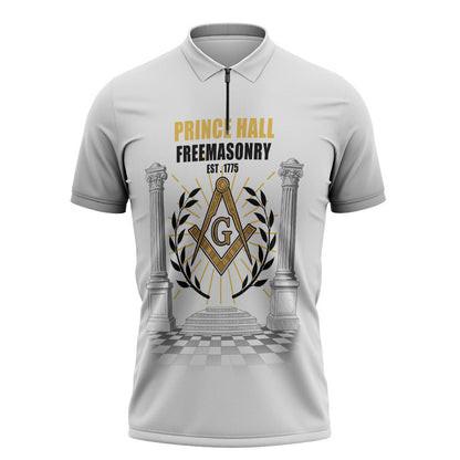 Personalized Prince Hall Freemasonry Zipper Polo Shirt Masonic Square And Compass Vintage Gold Pillar Illustration