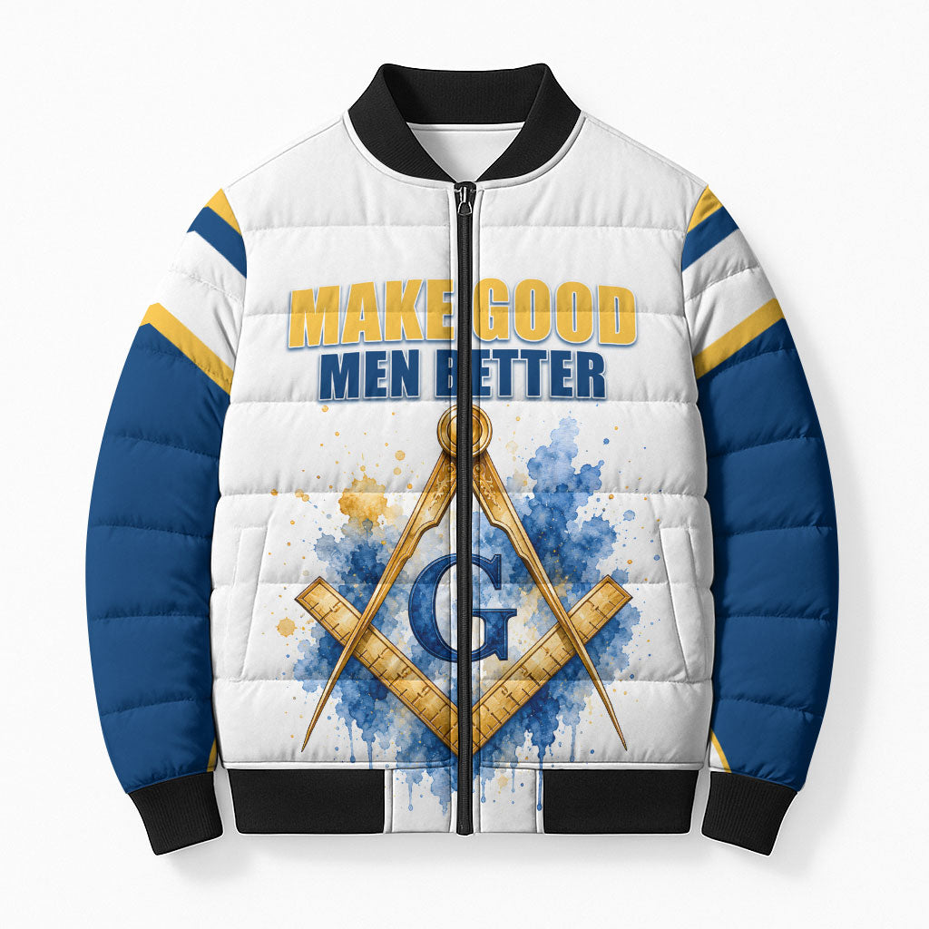 Prince Hall Freemasonry Bomber Puffer Jacket Square And Compass Letter G Watercolor Portrait Art