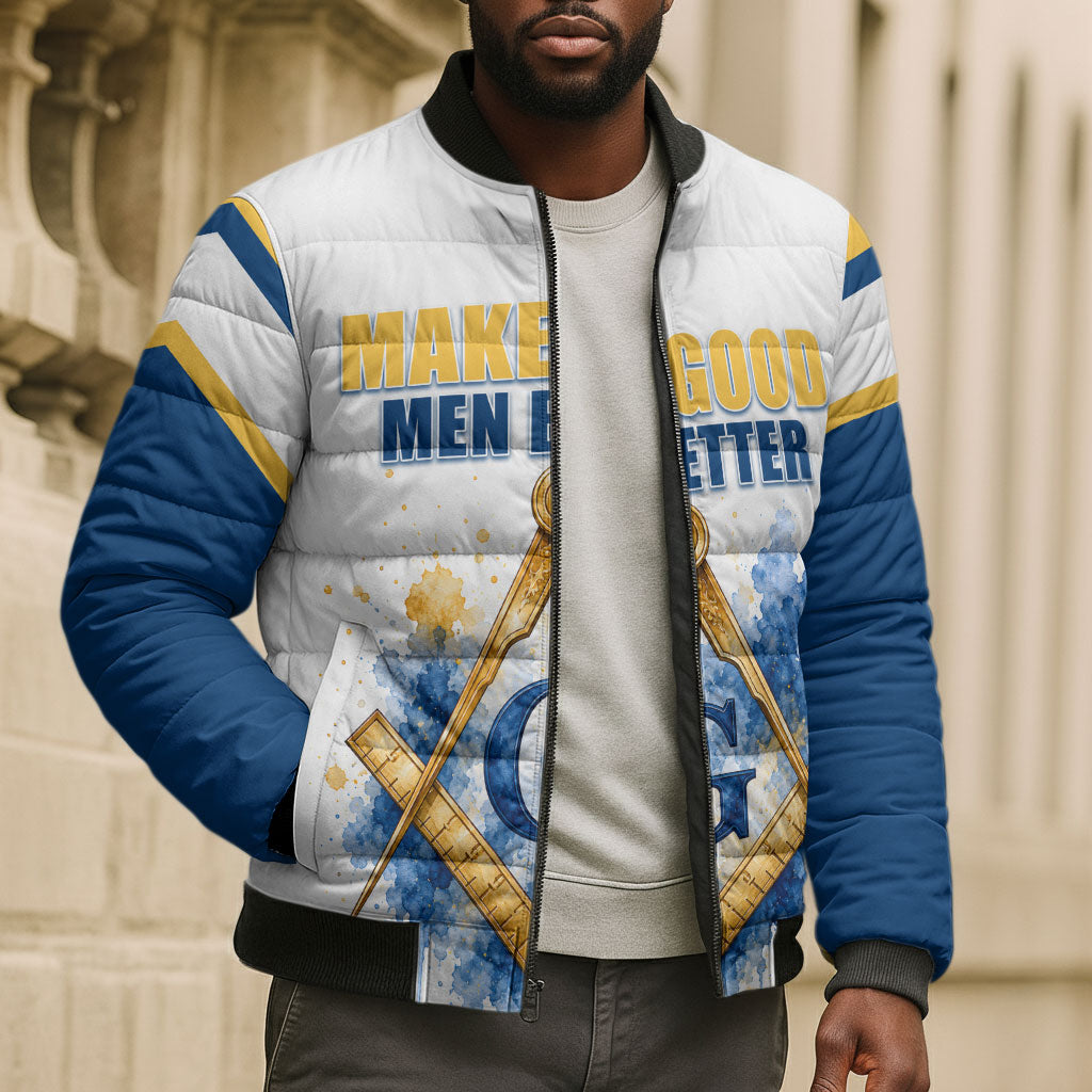 Prince Hall Freemasonry Bomber Puffer Jacket Square And Compass Letter G Watercolor Portrait Art