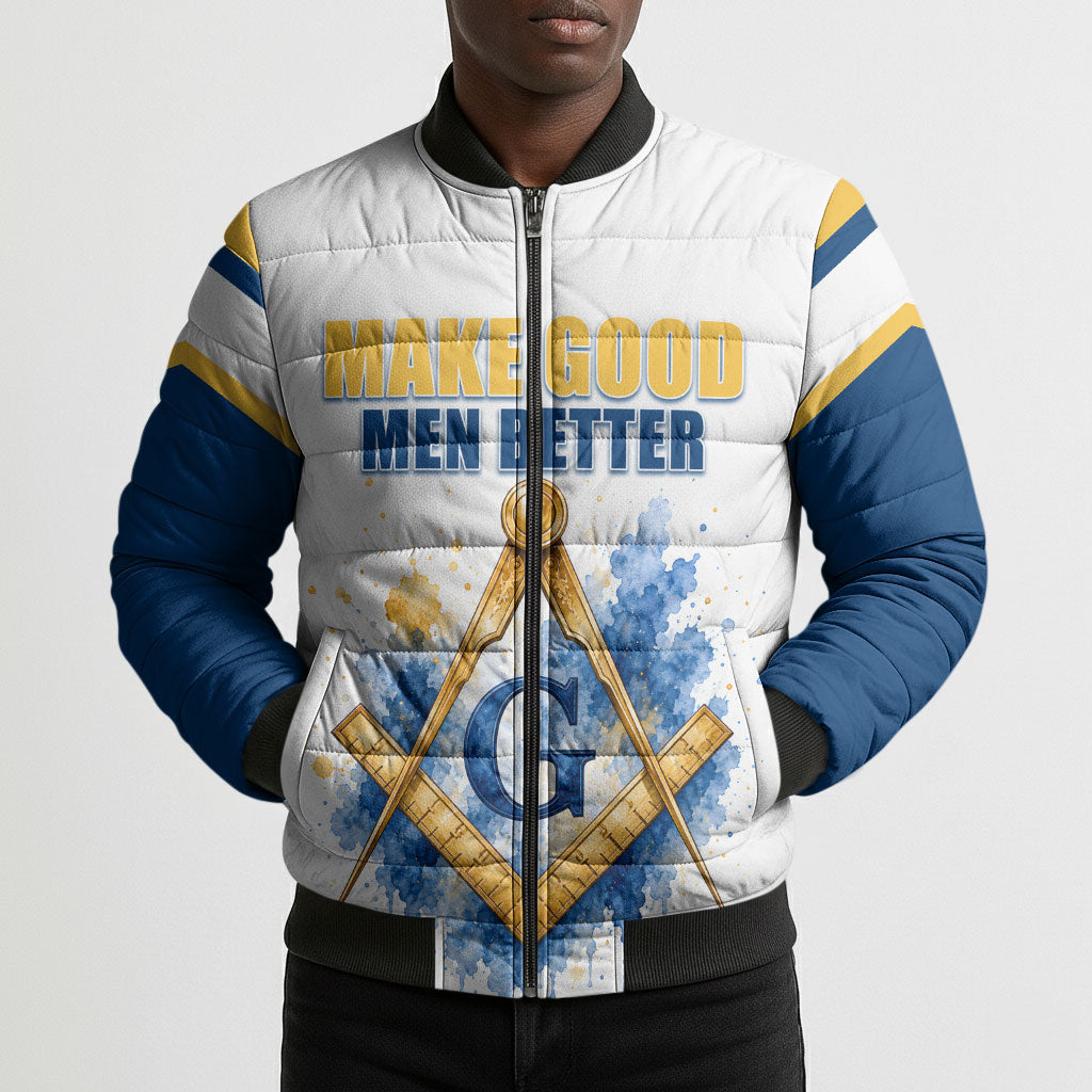 Prince Hall Freemasonry Bomber Puffer Jacket Square And Compass Letter G Watercolor Portrait Art