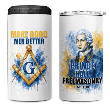 Prince Hall Freemasonry 4 in 1 Can Cooler Tumbler Square And Compass Letter G Watercolor Portrait Art