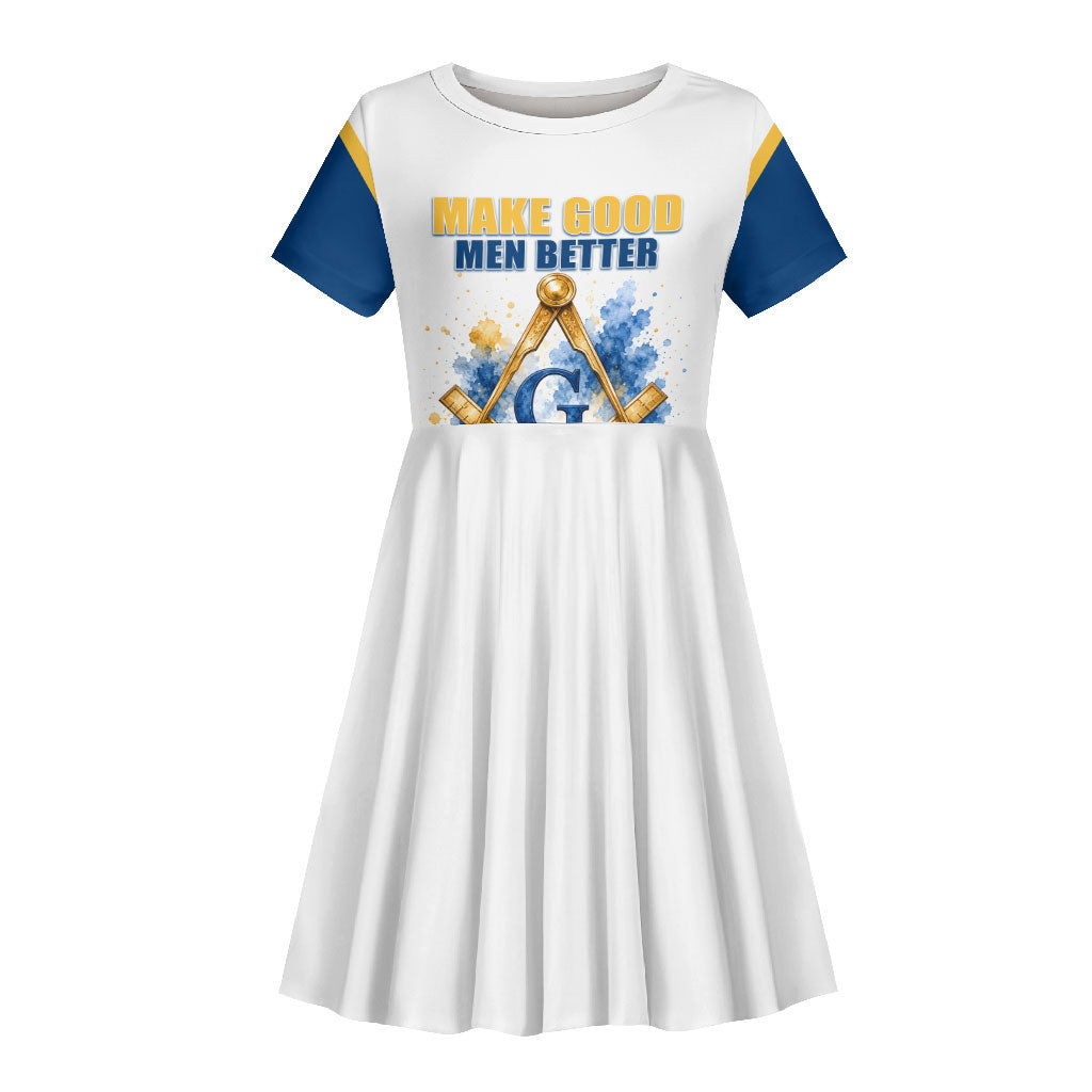Prince Hall Freemasonry Kid Short Sleeve Dress Square And Compass Letter G Watercolor Portrait Art