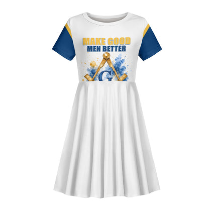 Prince Hall Freemasonry Kid Short Sleeve Dress Square And Compass Letter G Watercolor Portrait Art