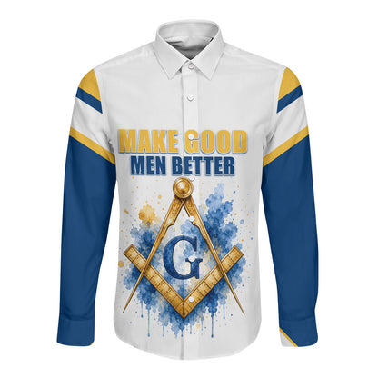Prince Hall Freemasonry Long Sleeve Button Shirt Square And Compass Letter G Watercolor Portrait Art