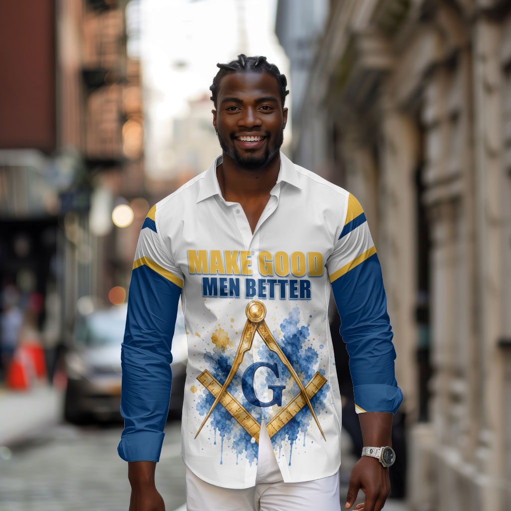 Prince Hall Freemasonry Long Sleeve Button Shirt Square And Compass Letter G Watercolor Portrait Art