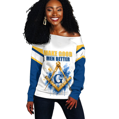 Prince Hall Freemasonry Off Shoulder Sweater Square And Compass Letter G Watercolor Portrait Art