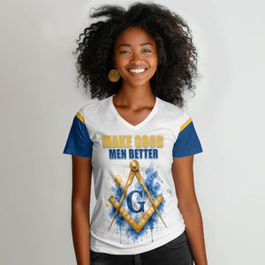 Prince Hall Freemasonry Women V-Neck T-Shirt Square And Compass Letter G Watercolor Portrait Art