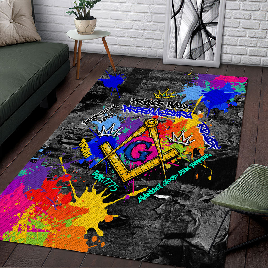 Prince Hall Freemasonry Area Rug Colorful Graffiti Paint Splatter On Urban Stone Wall