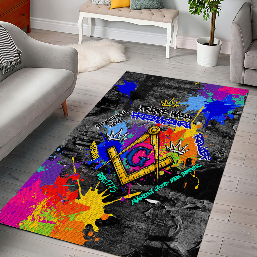 Prince Hall Freemasonry Area Rug Colorful Graffiti Paint Splatter On Urban Stone Wall