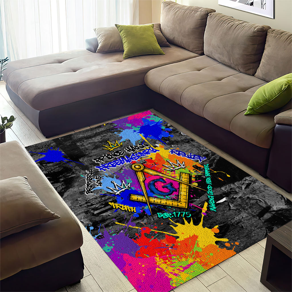 Prince Hall Freemasonry Area Rug Colorful Graffiti Paint Splatter On Urban Stone Wall