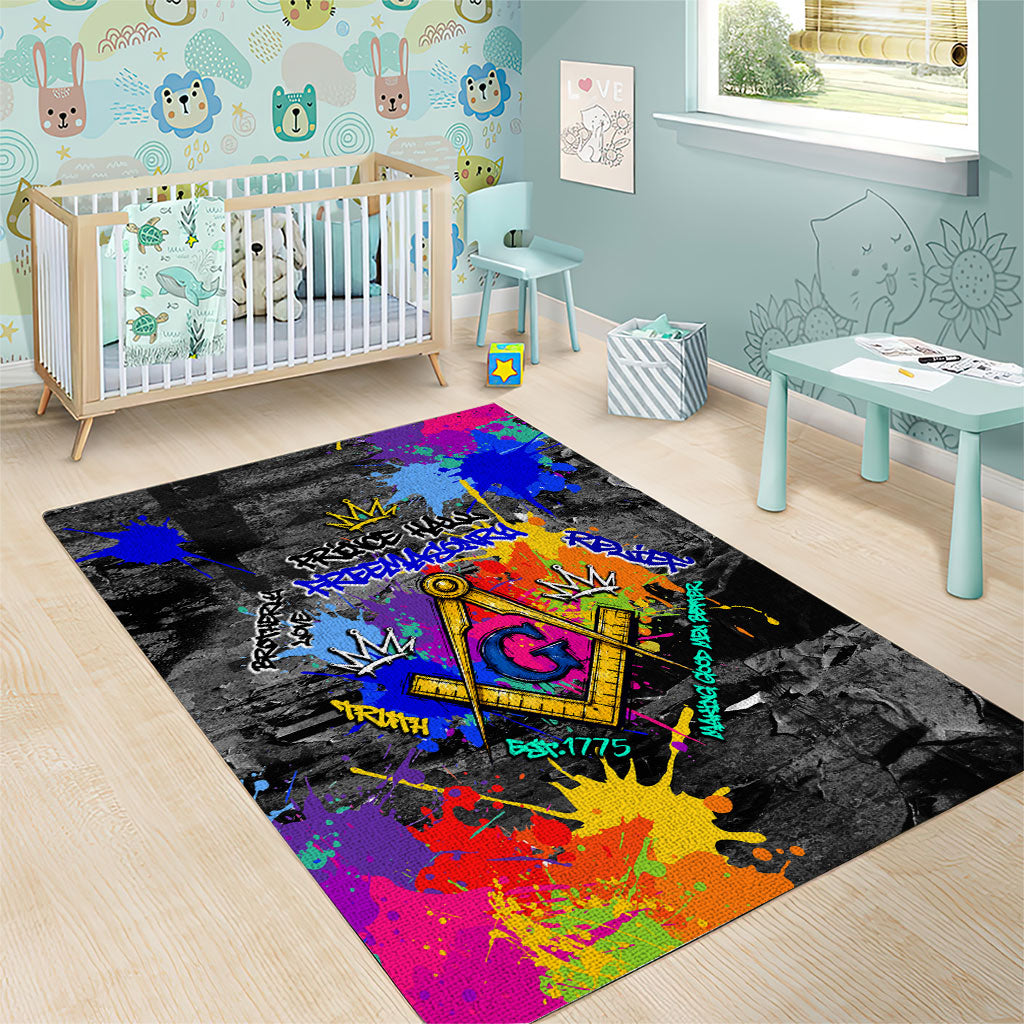 Prince Hall Freemasonry Area Rug Colorful Graffiti Paint Splatter On Urban Stone Wall