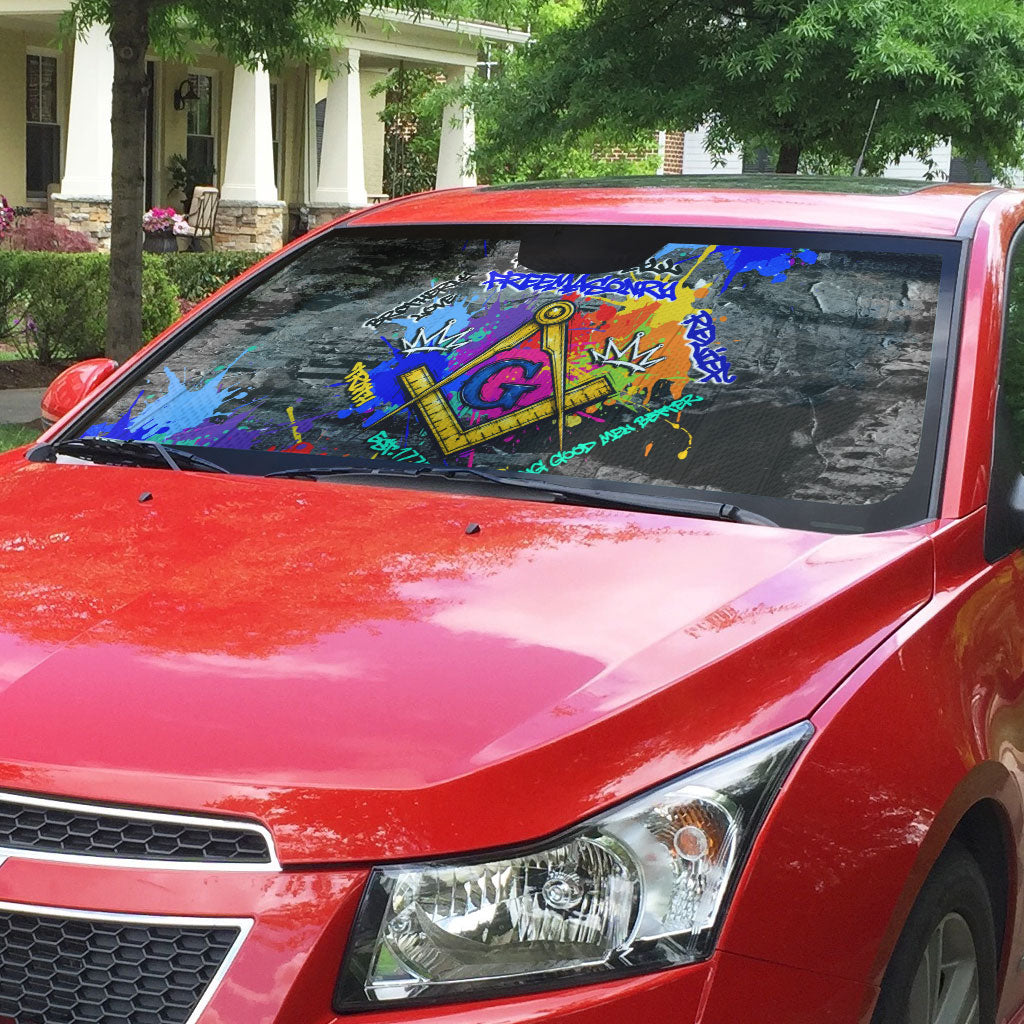 Prince Hall Freemasonry Auto Sun Shade Colorful Graffiti Paint Splatter On Urban Stone Wall