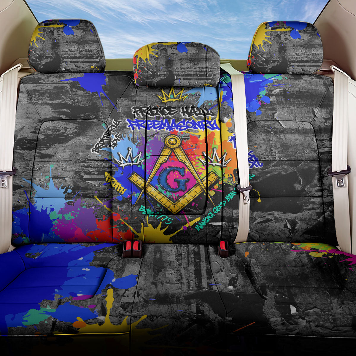 Prince Hall Freemasonry Back Car Seat Cover Colorful Graffiti Paint Splatter On Urban Stone Wall