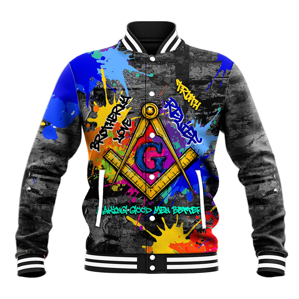 Prince Hall Freemasonry Baseball Jacket Colorful Graffiti Paint Splatter On Urban Stone Wall