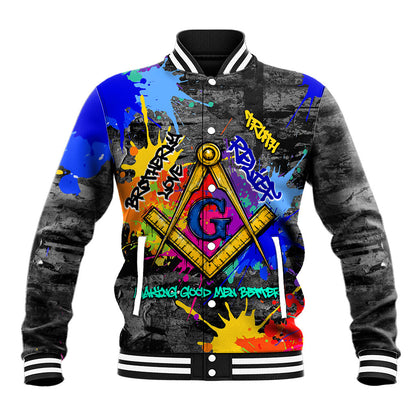 Prince Hall Freemasonry Baseball Jacket Colorful Graffiti Paint Splatter On Urban Stone Wall
