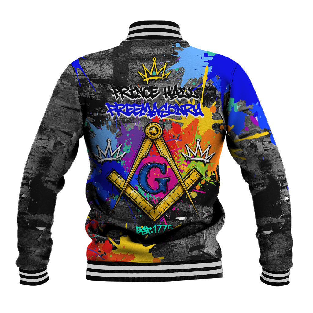 Prince Hall Freemasonry Baseball Jacket Colorful Graffiti Paint Splatter On Urban Stone Wall
