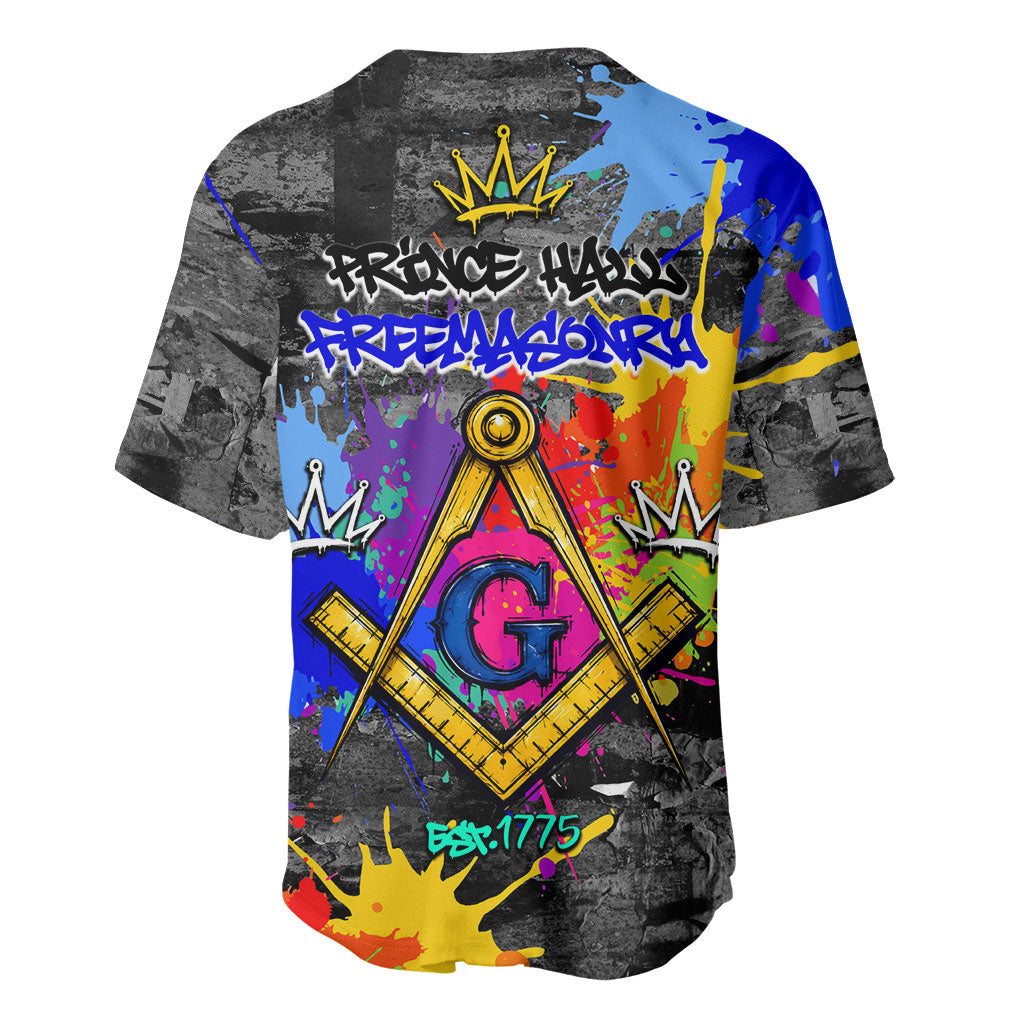 Prince Hall Freemasonry Baseball Jersey Colorful Graffiti Paint Splatter On Urban Stone Wall