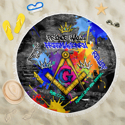 Prince Hall Freemasonry Beach Blanket Colorful Graffiti Paint Splatter On Urban Stone Wall