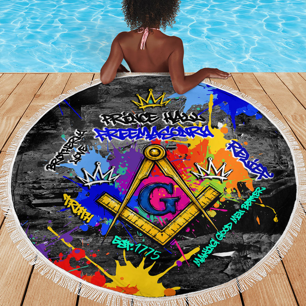 Prince Hall Freemasonry Beach Blanket Colorful Graffiti Paint Splatter On Urban Stone Wall
