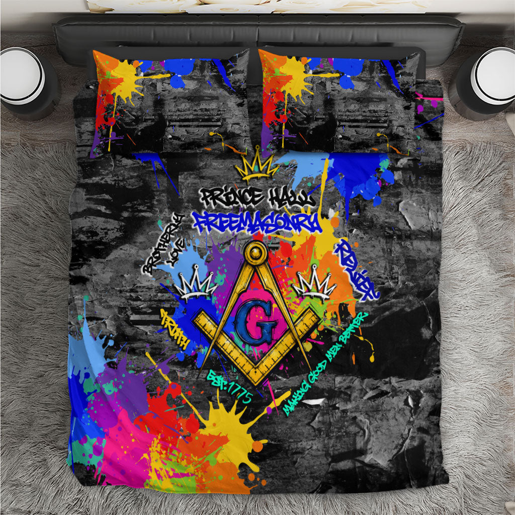 Prince Hall Freemasonry Bedding Set Colorful Graffiti Paint Splatter On Urban Stone Wall