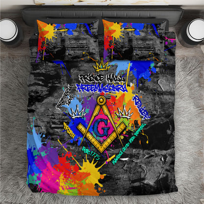 Prince Hall Freemasonry Bedding Set Colorful Graffiti Paint Splatter On Urban Stone Wall