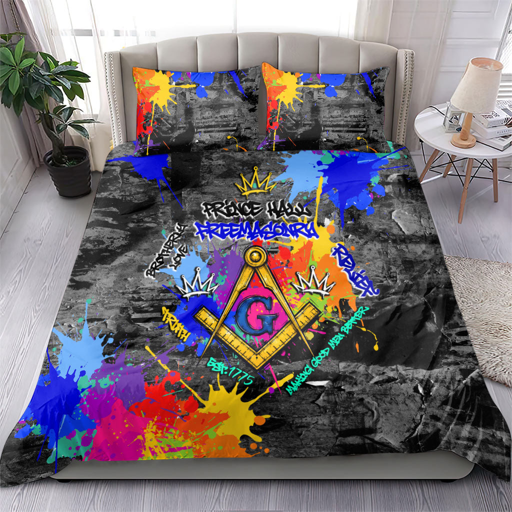 Prince Hall Freemasonry Bedding Set Colorful Graffiti Paint Splatter On Urban Stone Wall