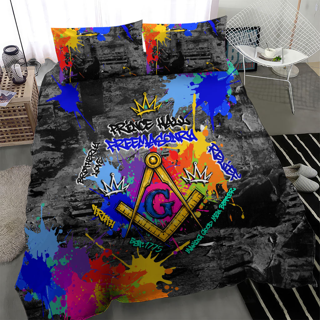 Prince Hall Freemasonry Bedding Set Colorful Graffiti Paint Splatter On Urban Stone Wall