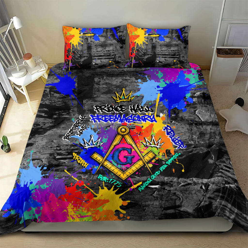 Prince Hall Freemasonry Bedding Set Colorful Graffiti Paint Splatter On Urban Stone Wall