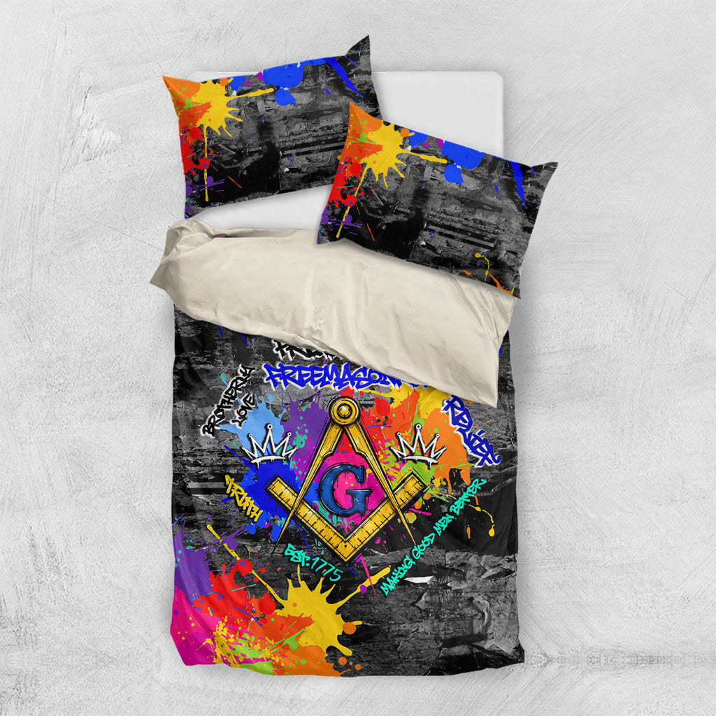 Prince Hall Freemasonry Bedding Set Colorful Graffiti Paint Splatter On Urban Stone Wall