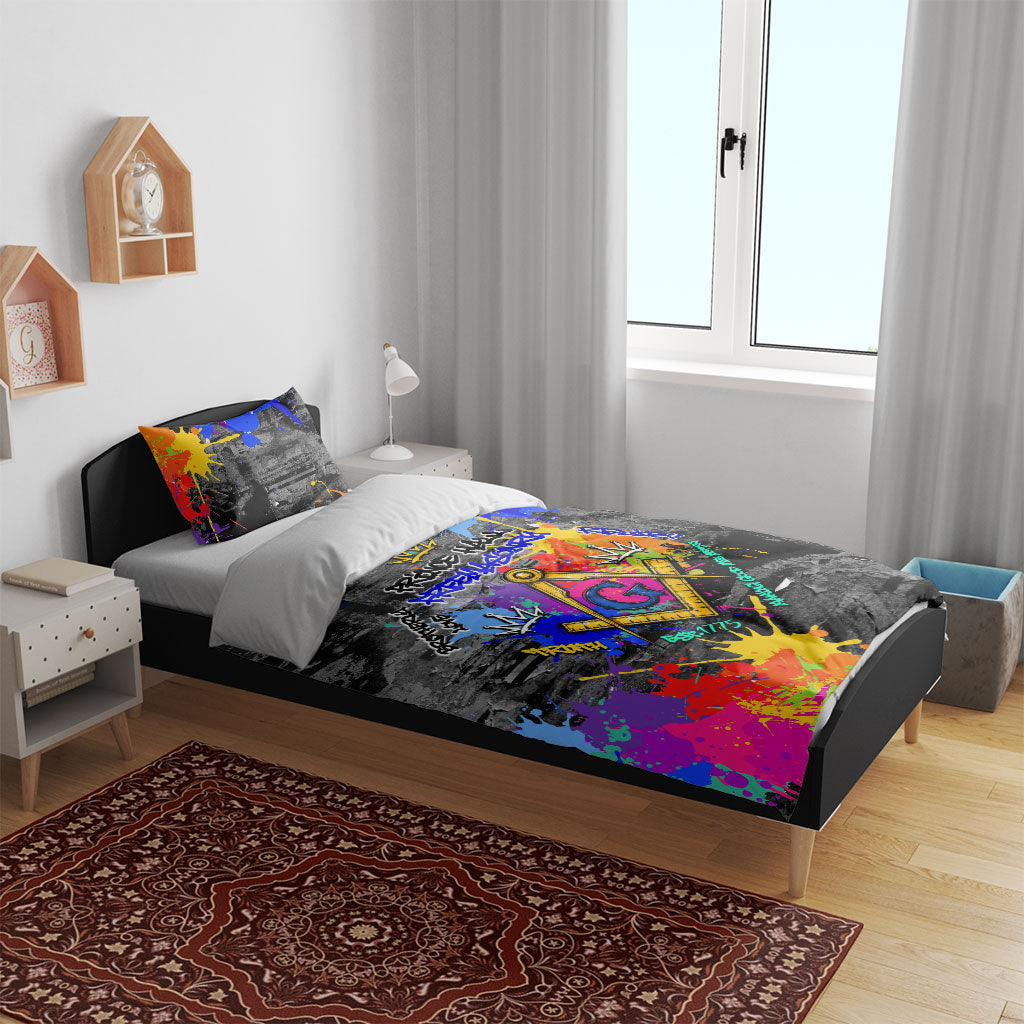 Prince Hall Freemasonry Bedding Set Colorful Graffiti Paint Splatter On Urban Stone Wall
