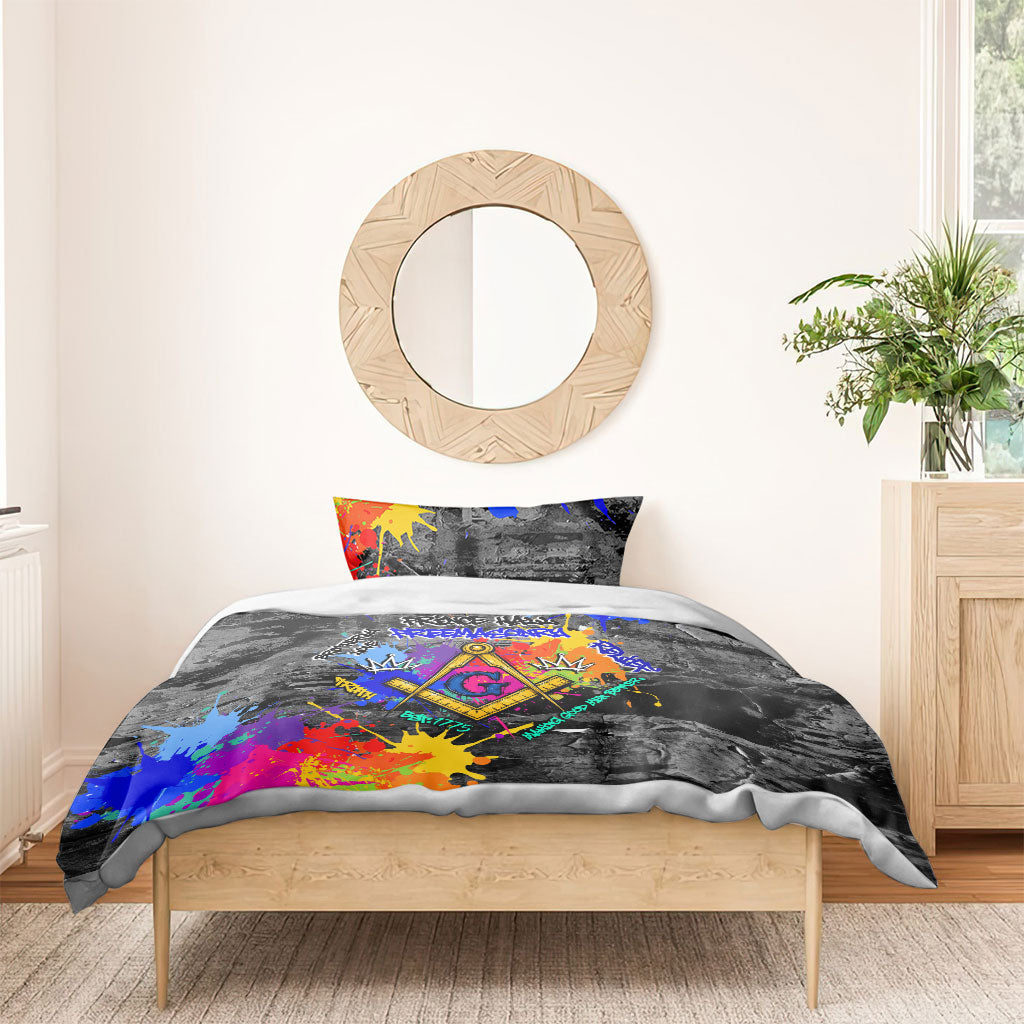 Prince Hall Freemasonry Bedding Set Colorful Graffiti Paint Splatter On Urban Stone Wall