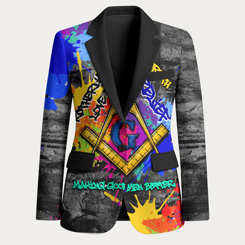 Prince Hall Freemasonry Blazer Colorful Graffiti Paint Splatter On Urban Stone Wall