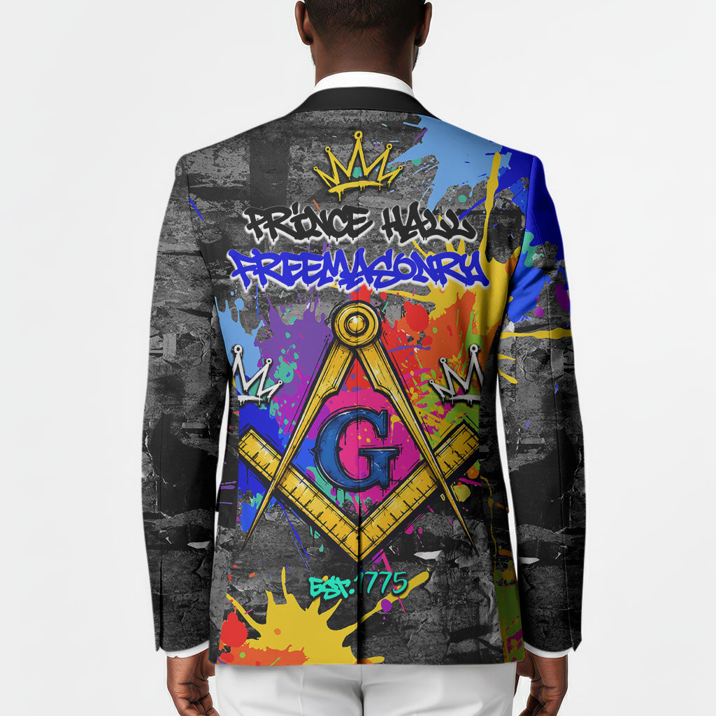 Prince Hall Freemasonry Blazer Colorful Graffiti Paint Splatter On Urban Stone Wall