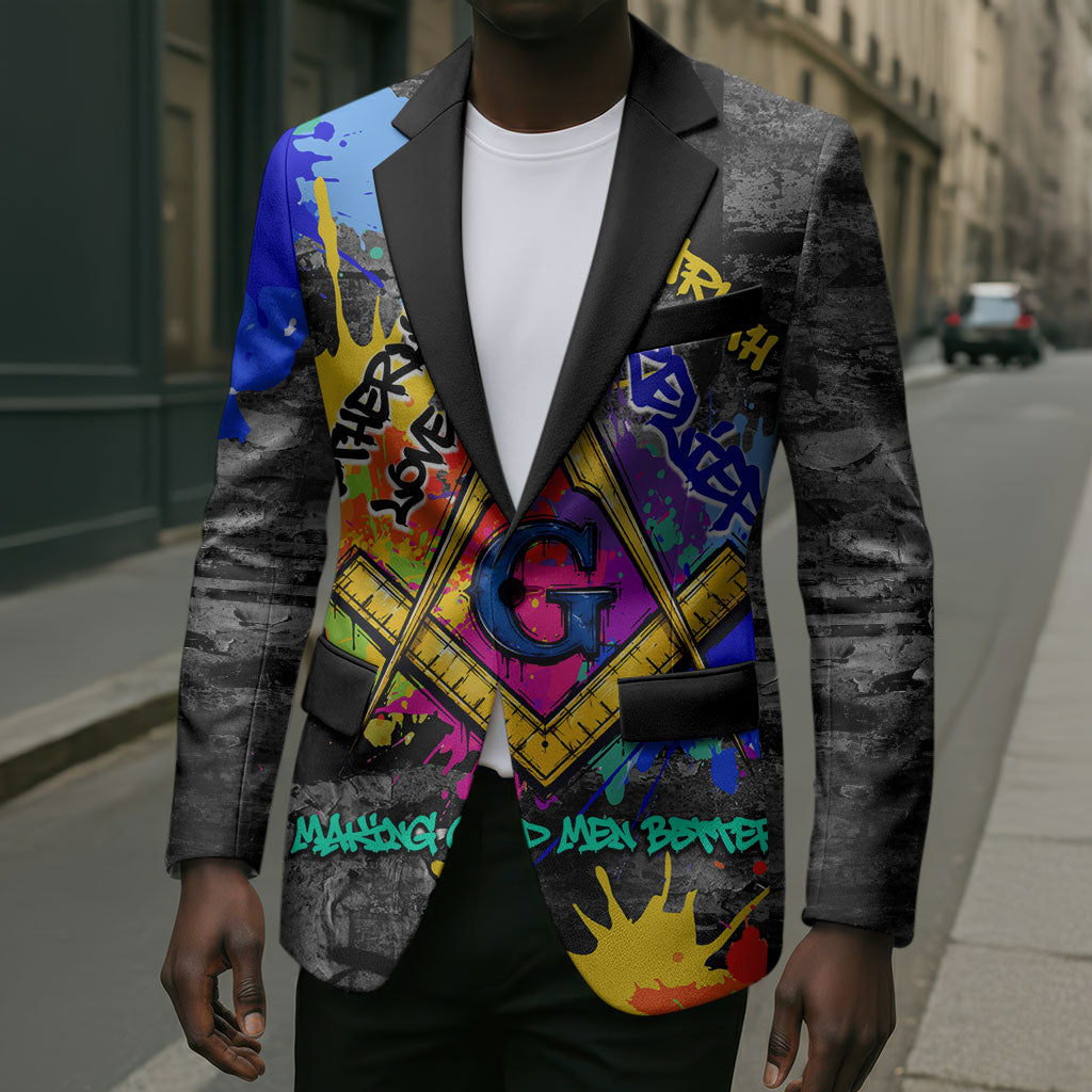 Prince Hall Freemasonry Blazer Colorful Graffiti Paint Splatter On Urban Stone Wall