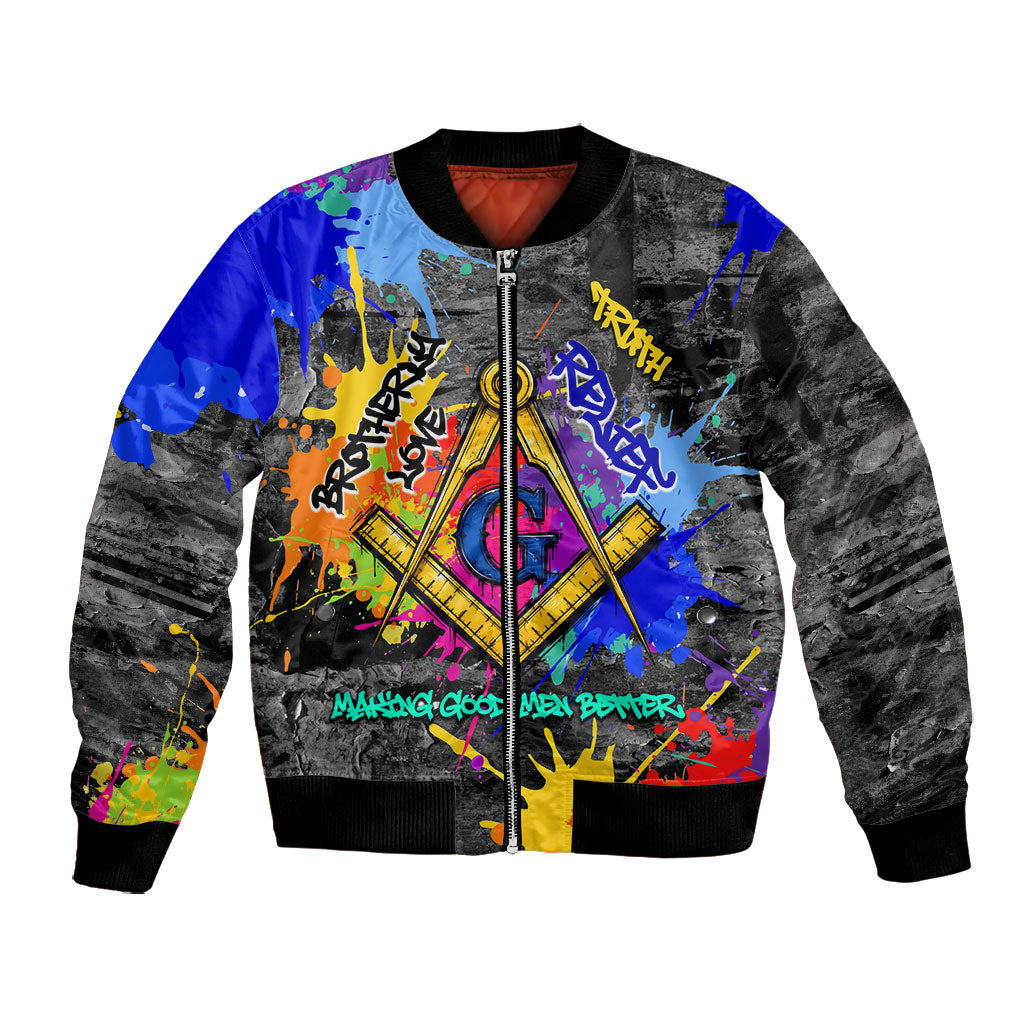 Prince Hall Freemasonry Bomber Jacket Colorful Graffiti Paint Splatter On Urban Stone Wall