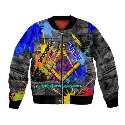 Prince Hall Freemasonry Bomber Jacket Colorful Graffiti Paint Splatter On Urban Stone Wall