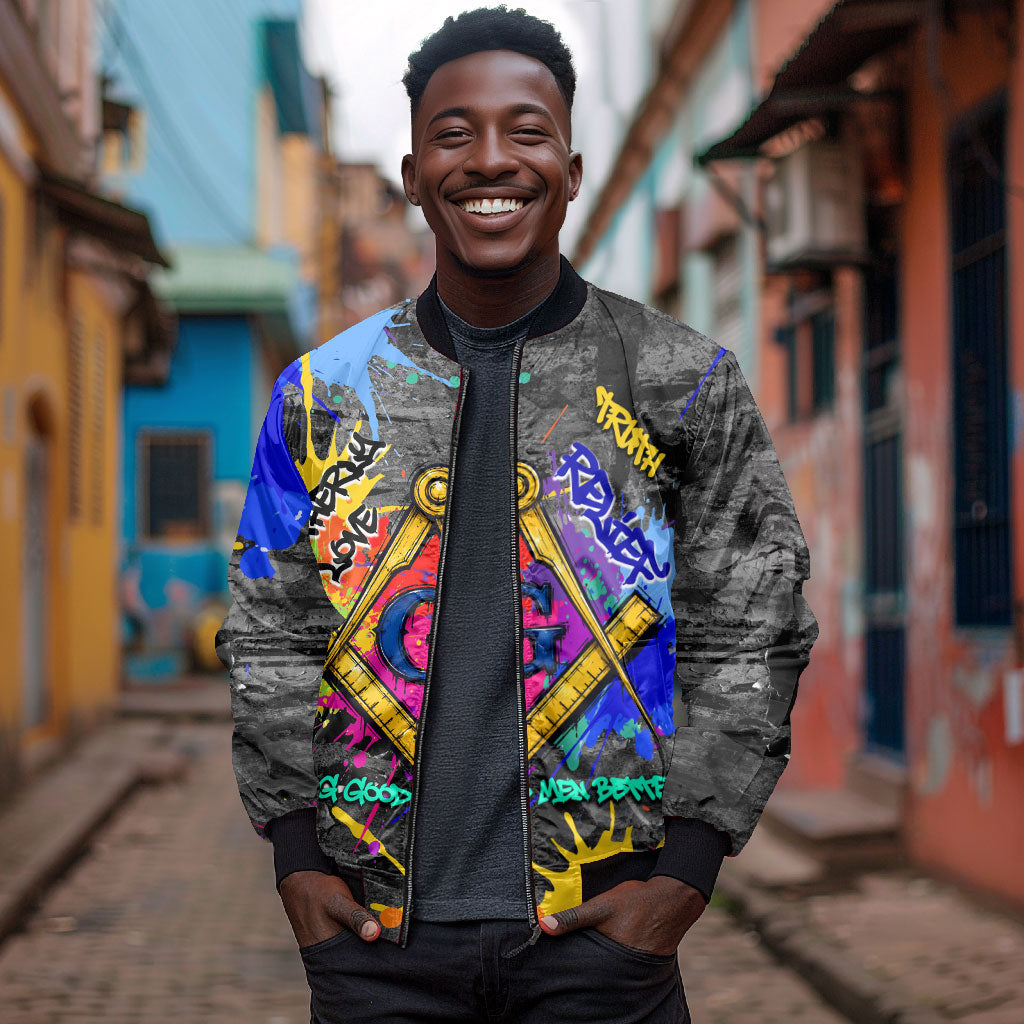 Prince Hall Freemasonry Bomber Jacket Colorful Graffiti Paint Splatter On Urban Stone Wall