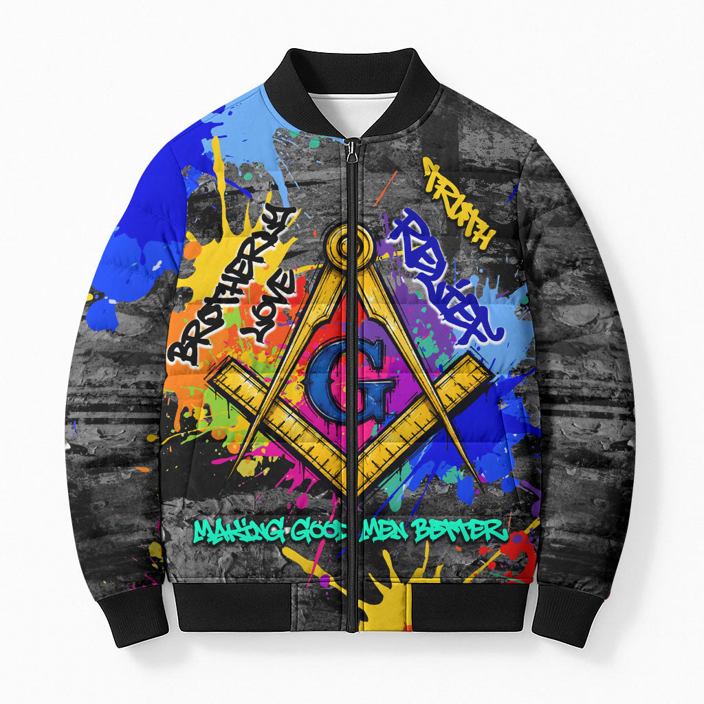 Prince Hall Freemasonry Bomber Puffer Jacket Colorful Graffiti Paint Splatter On Urban Stone Wall