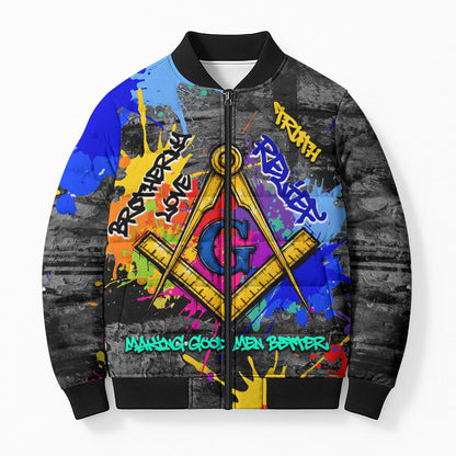 Prince Hall Freemasonry Bomber Puffer Jacket Colorful Graffiti Paint Splatter On Urban Stone Wall