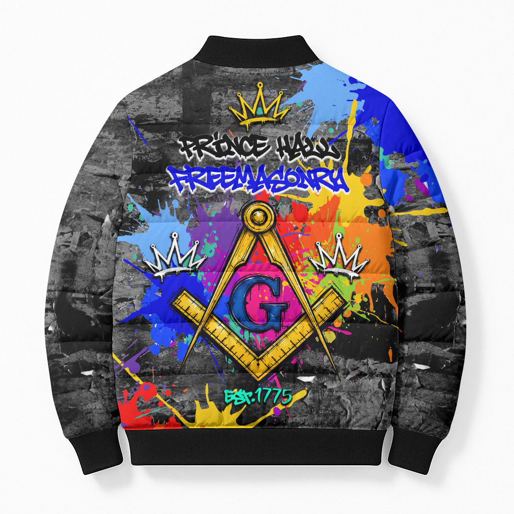 Prince Hall Freemasonry Bomber Puffer Jacket Colorful Graffiti Paint Splatter On Urban Stone Wall